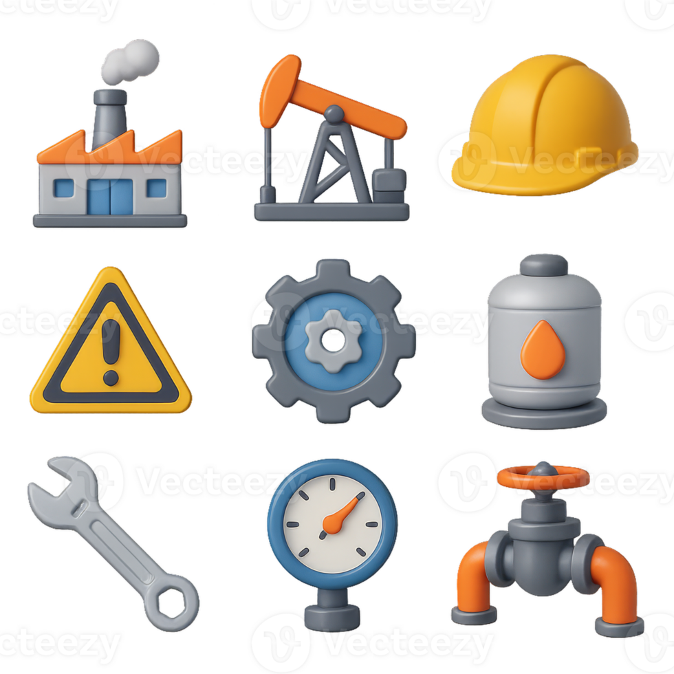 3D Industrial Icons Set Featuring Construction and Warning Symbols png