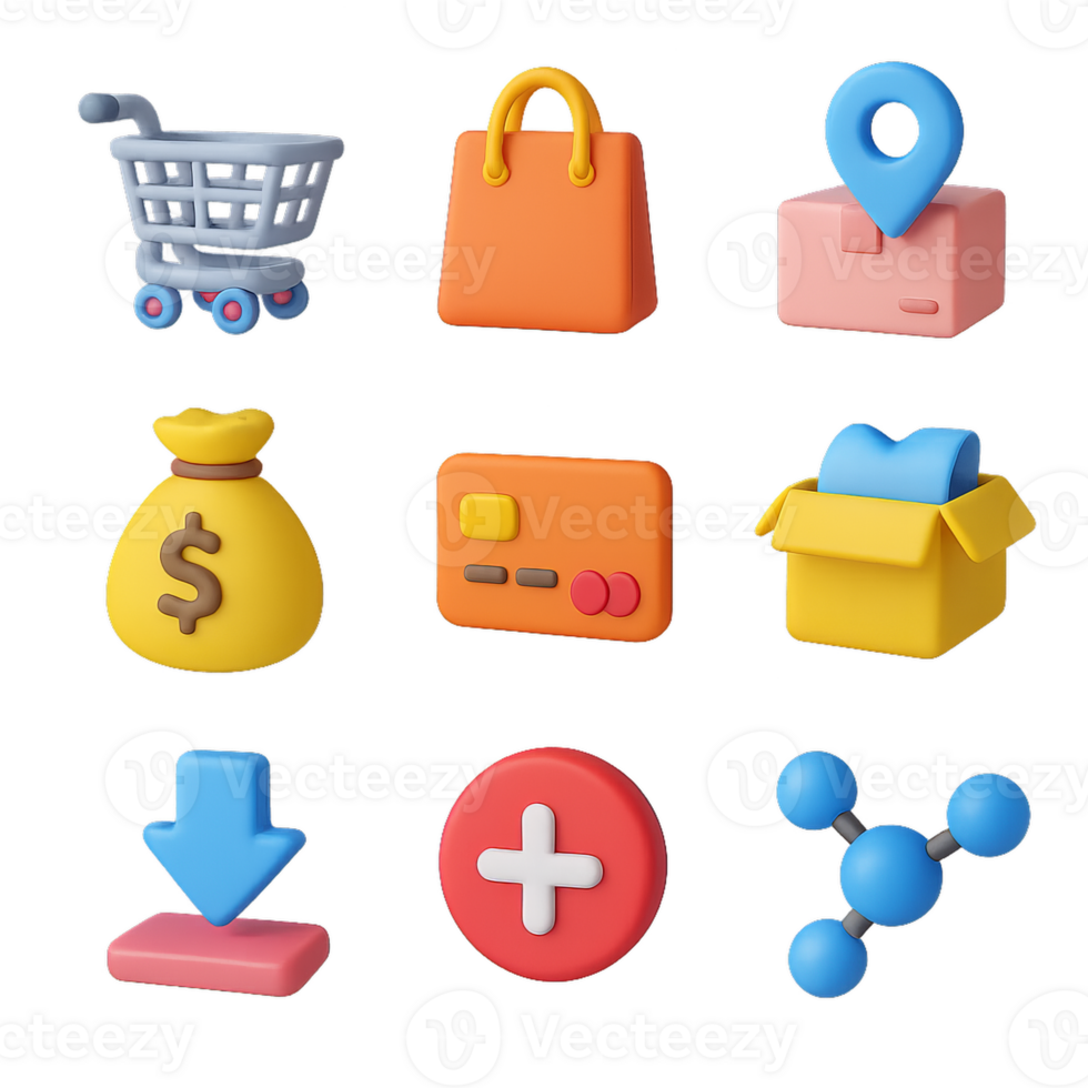 Colorful 3D Shopping Icons Set for E-commerce and Retail Use png