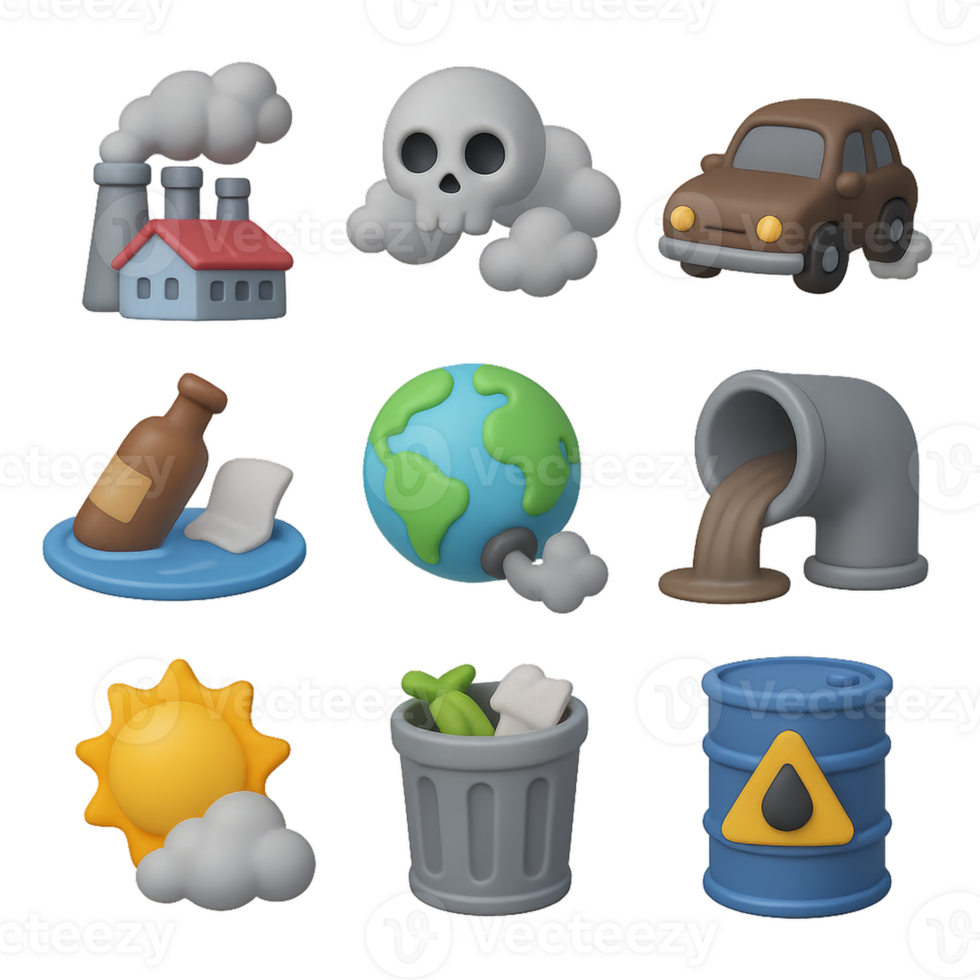 3D Icons Representing Pollution and Environmental Hazards png