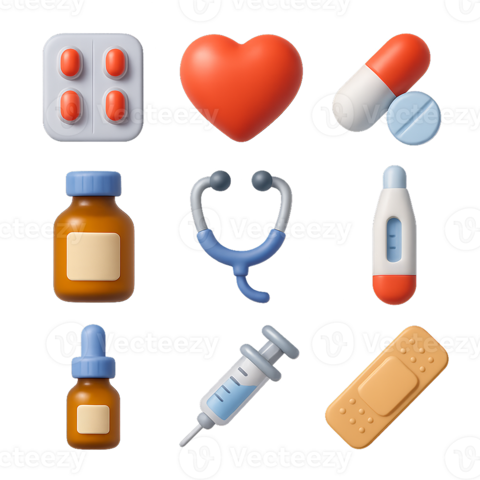 Colorful 3D Icons of Medical Objects for Digital Composition png