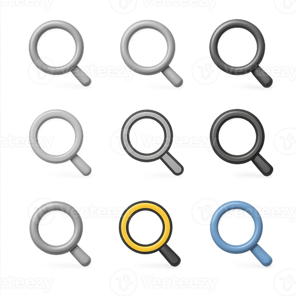 Simple 3D Style Icon Set with Various Magnifying Glass Designs png