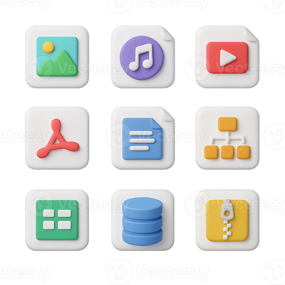 Simple 3D Icon Set Featuring Various Media and Functional Symbols png