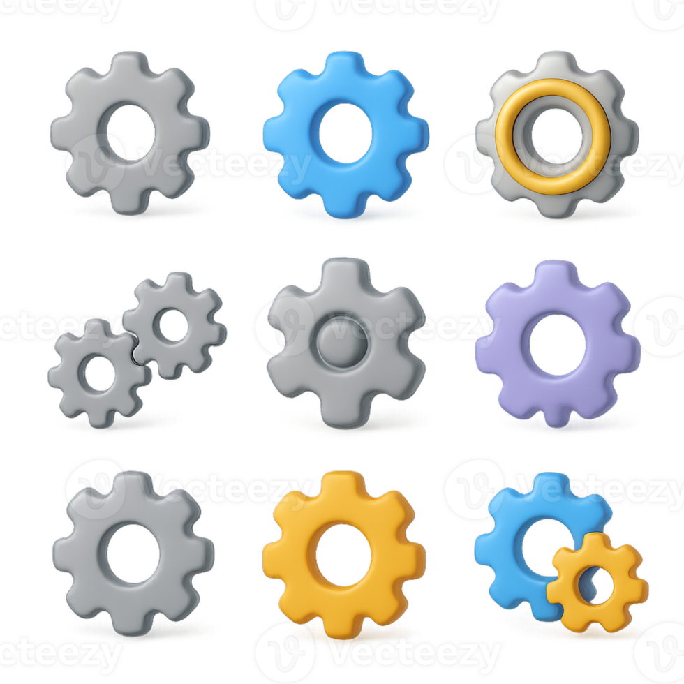 Simple 3D Gear Icon Set with Colorful Variations for Design Use png