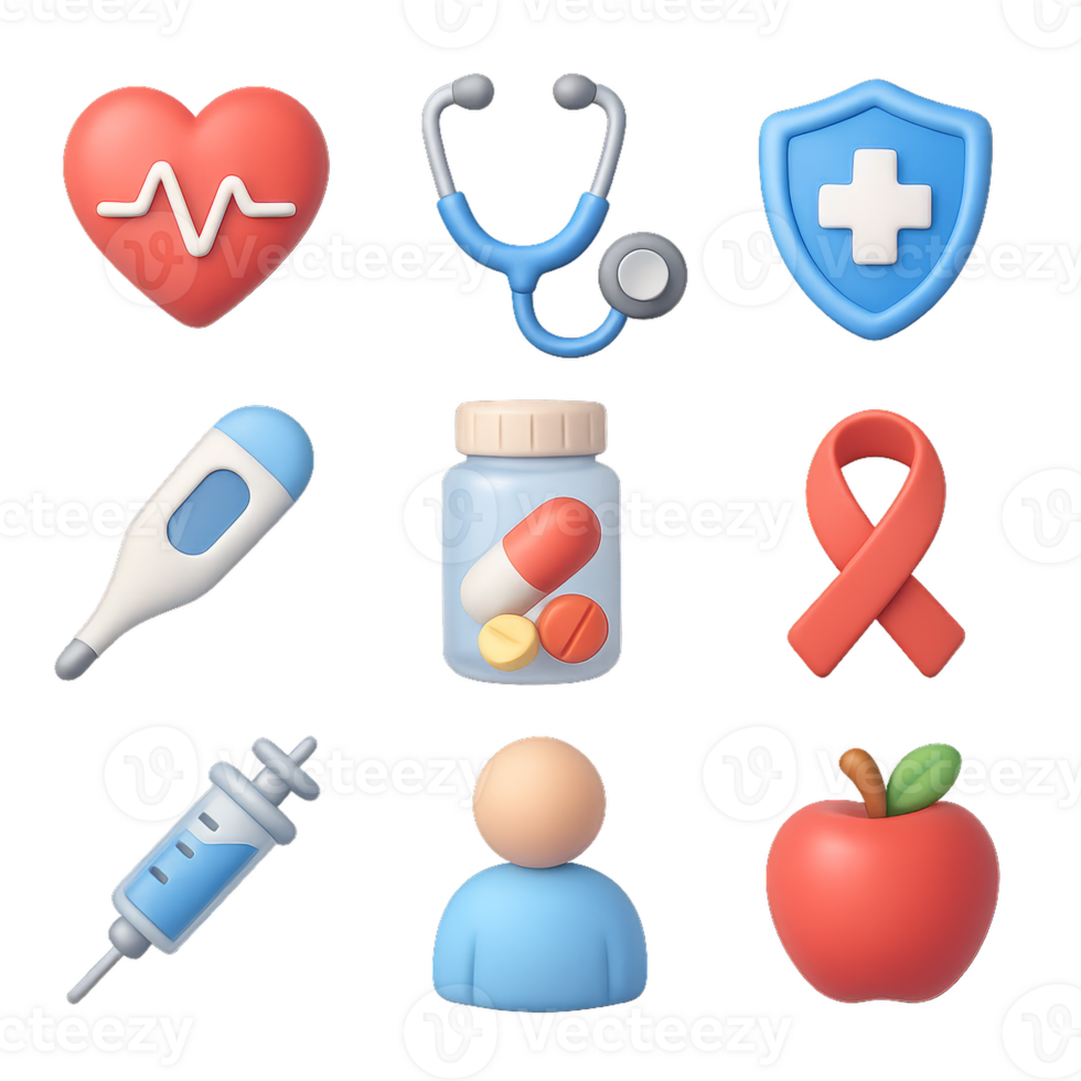 Colorful 3D Health Icons Collection Featuring Medical Symbols png
