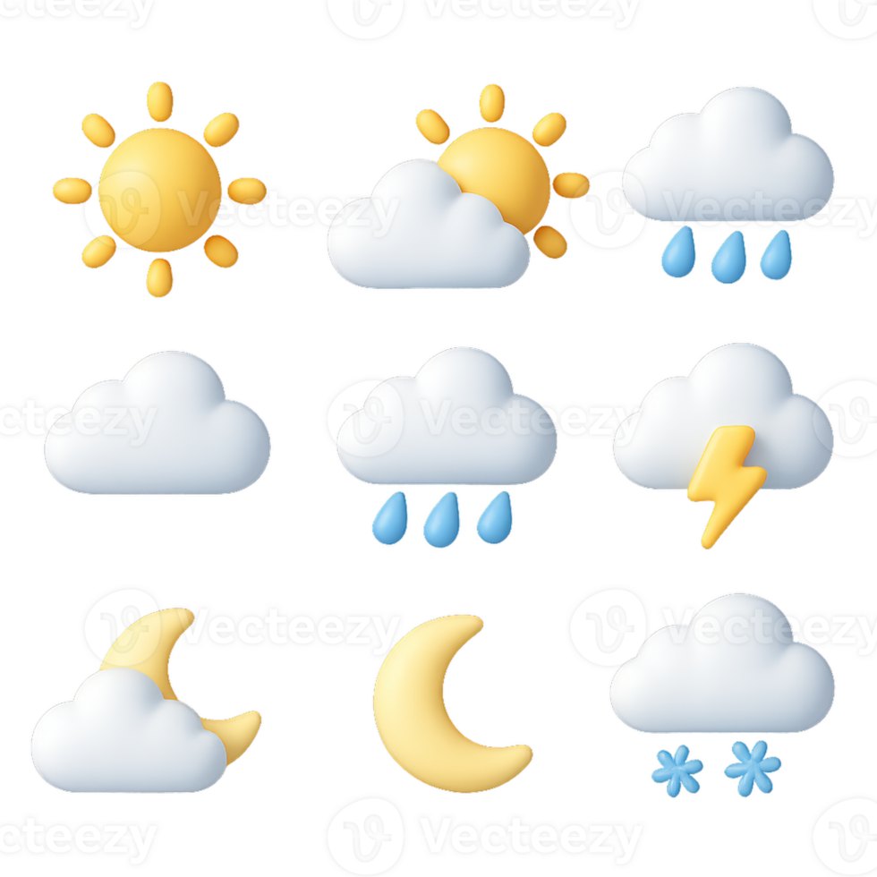 Colorful 3D Weather Icons Featuring Sun, Clouds, Rain, and Snow png