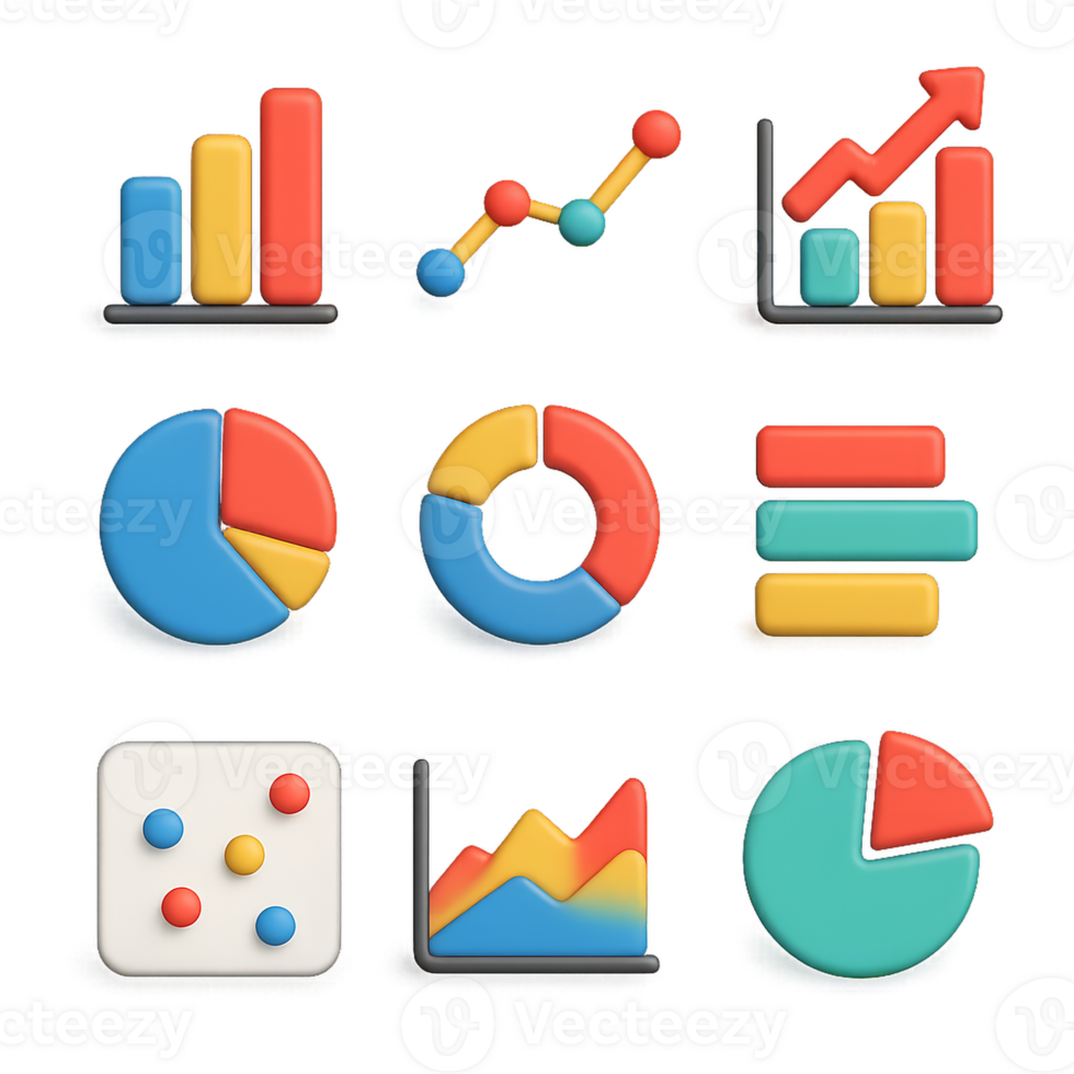 Colorful 3D Chart Icons for Data Visualization and Infographics png