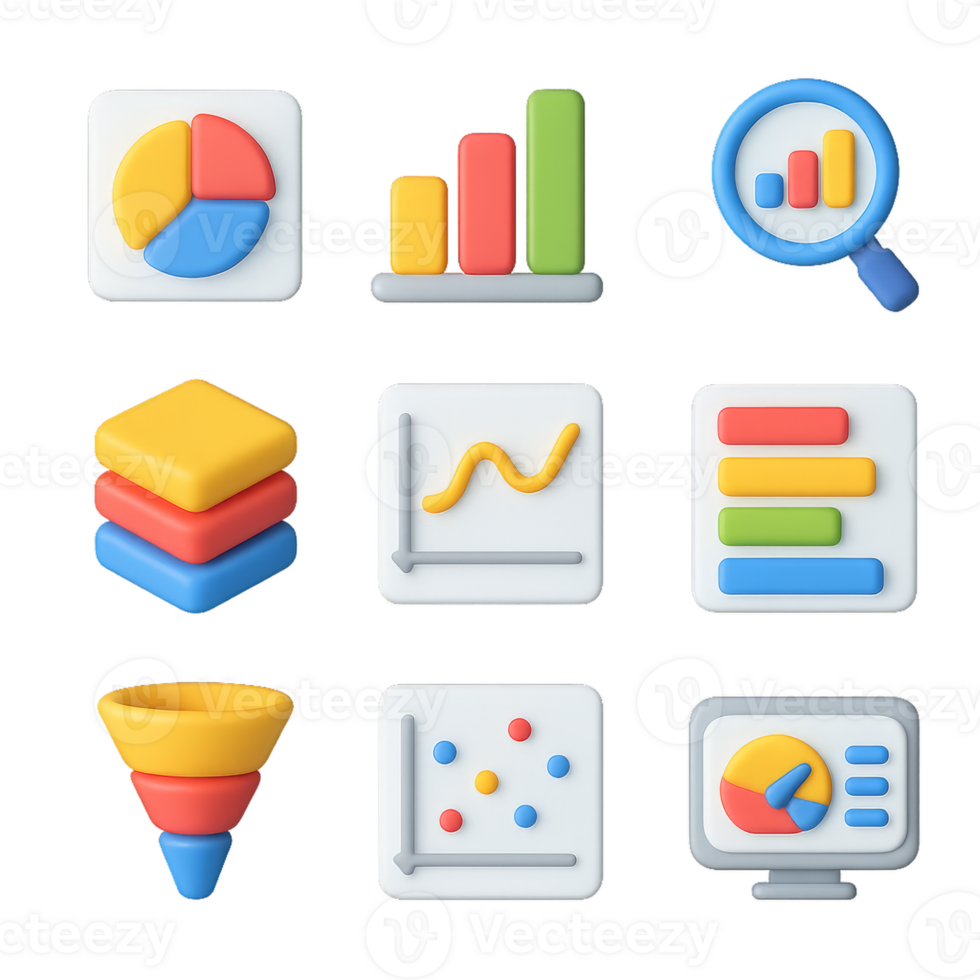 Simple 3D Data Icon Set with Graphs and Charts for Visual Projects png