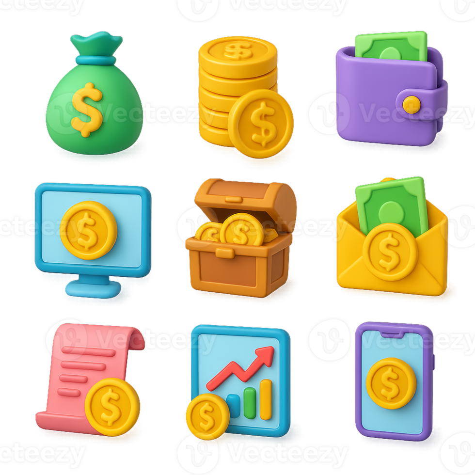 Colorful 3D Icons Representing Earnings and Financial Concepts png