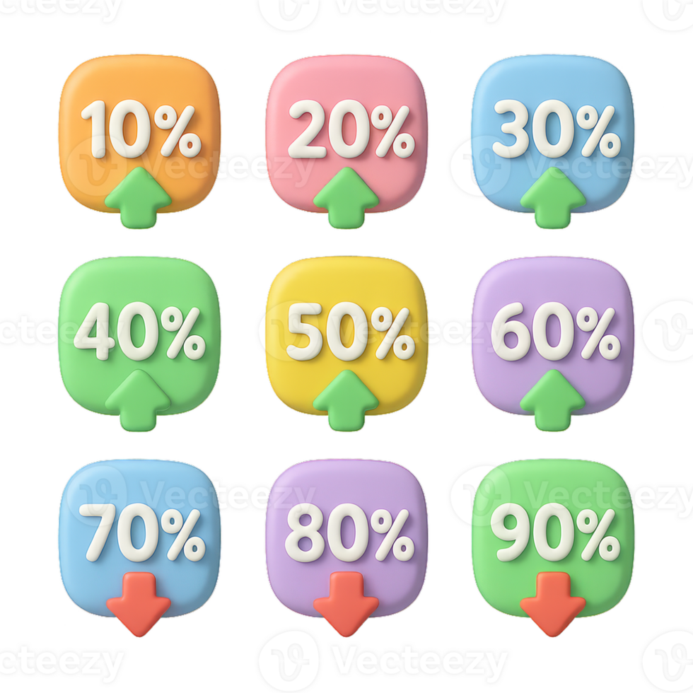 Colorful 3D Icons Showing Percentage Values from Ten to Ninety Percent png