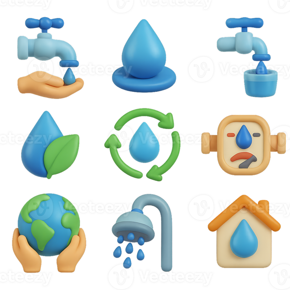 3D Icons Representing Water Scarcity and Conservation Concepts png