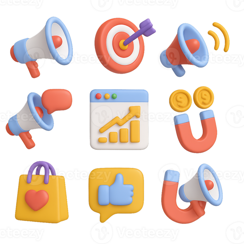 Colorful 3D Marketing Icons for Creative Projects and Presentations png
