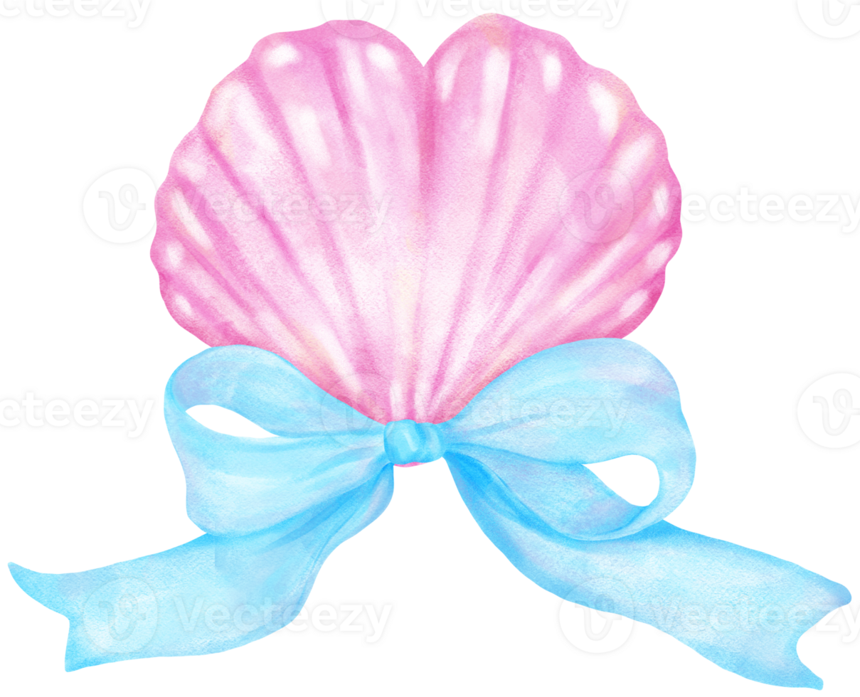 Coquette Seashell Watercolor, Pastel Pink Clam Shell Heart Shaped with Blue Bow for Summer, Beach, and Coastal Design png