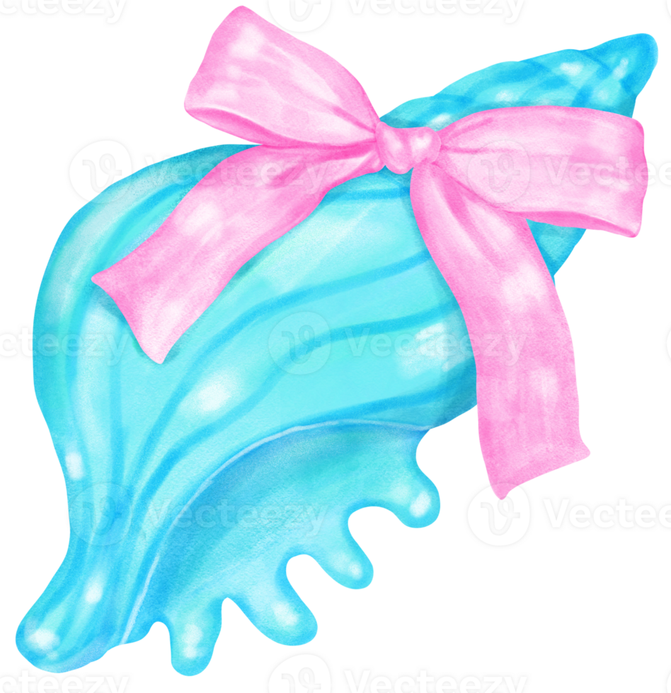 Coquette Seashell Watercolor, Pastel Mint Green Conch Shell with Pink Bow for Summer, Beach, and Coastal Design png