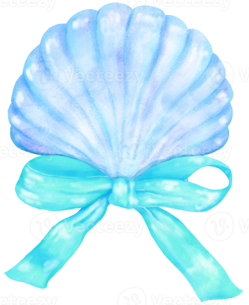 Coquette Seashell Watercolor, Pastel Blue Clam Shell with Mint Green Bow for Summer, Beach, and Coastal Design png