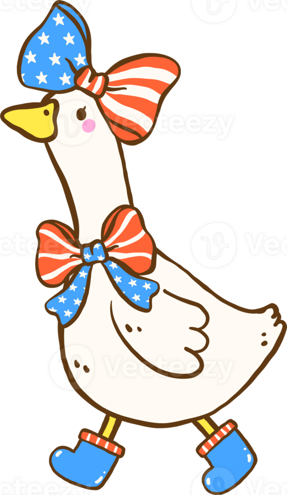 Cute 4th of July Girly Silly Goose with American Flag Bow and Hand Drawing Doodle png