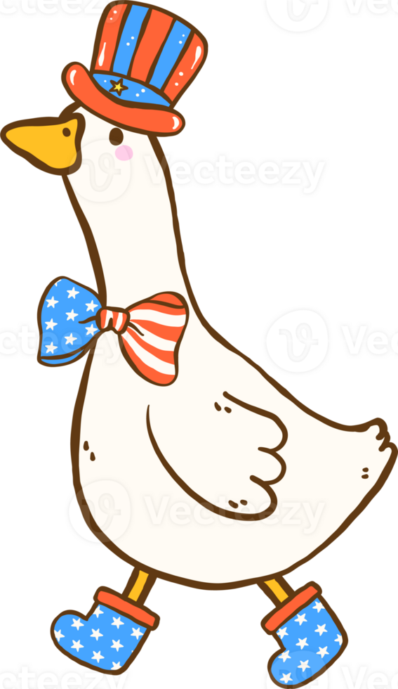 Cute 4th of July Silly Goose with American Uncle Sam Hat and Bow tie Hand Drawn Doodle png
