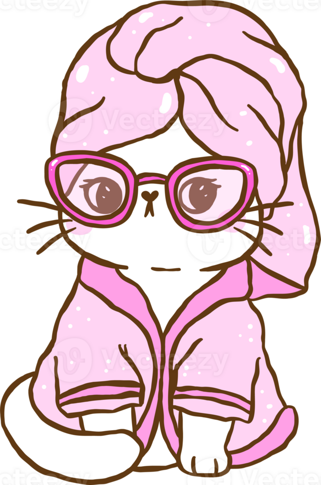 Cute Girly Self Care Sarcastic Cat in Bathrobe and Towel Cartoon Doodle Hand Drawn png