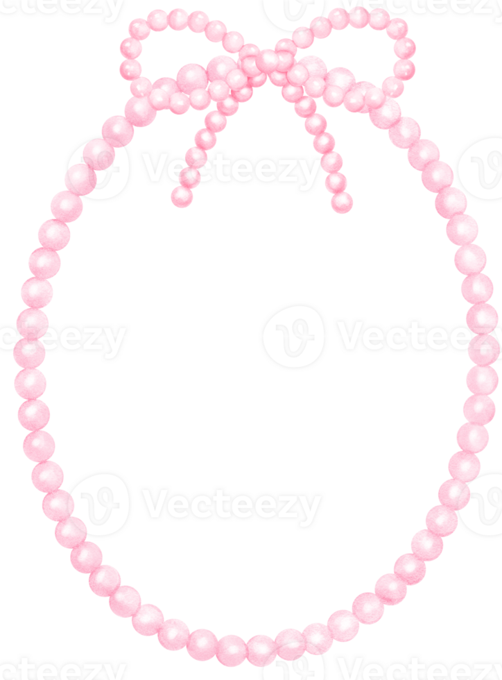 Playful Pink Pearl Frame Oval Shape with ribbon bow watercolor png