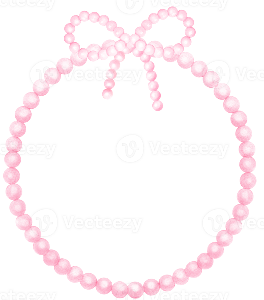 Pink Pearl Frame Circle shape with ribbon bow watercolor png