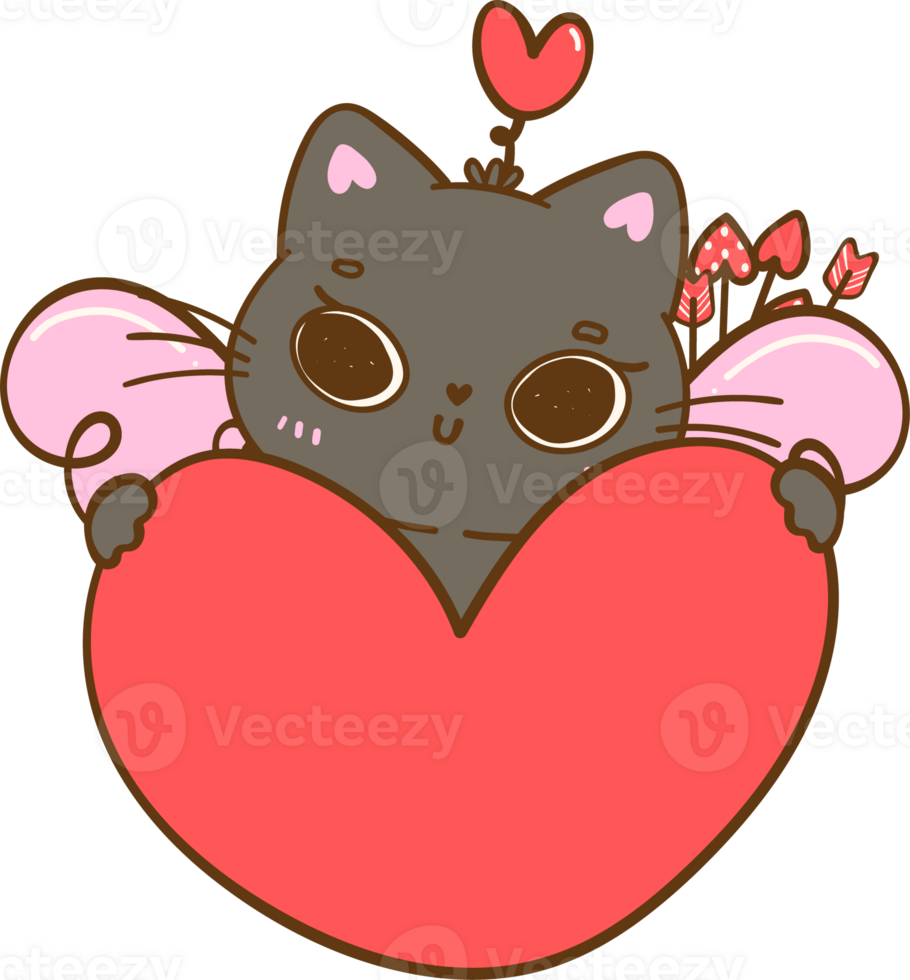Kawaii Cupid Valentine Black Cat hug heart Cute Cartoon Doodle png