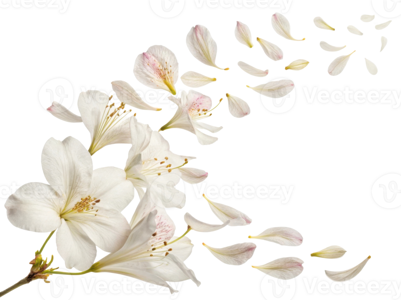 Beautiful white flowers gracefully scatter their delicate petals, creating serene and enchanting scene filled with nature charm png