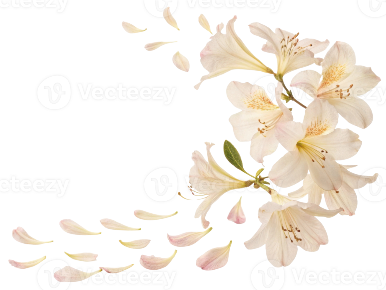Delicate rhododendron flowers gracefully scatter their petals, creating serene and beautiful scene of nature elegance png
