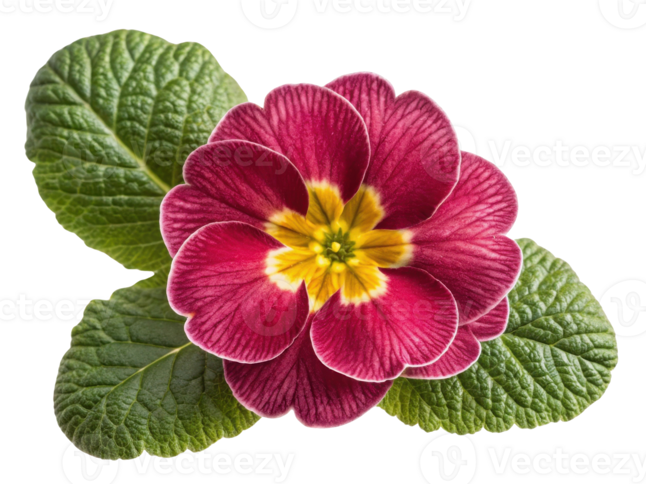 Vibrant primrose flower showcases its rich colors and intricate petals, surrounded by lush green leaves, creating stunning natural display png