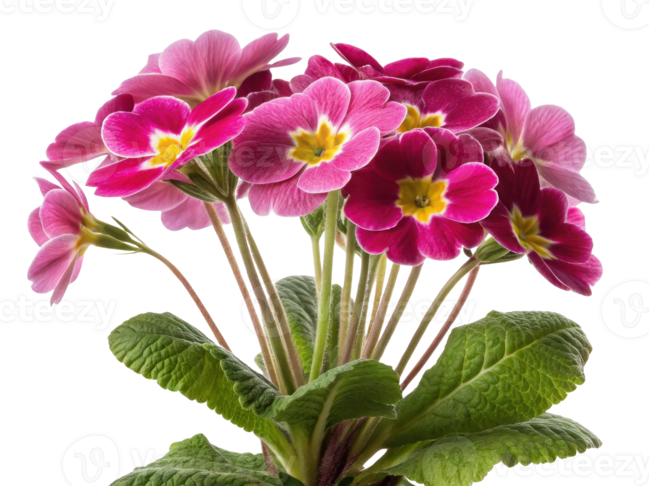 Primrose flowers bloom vibrantly with pink petals and lush green leaves creating stunning display of nature beauty png