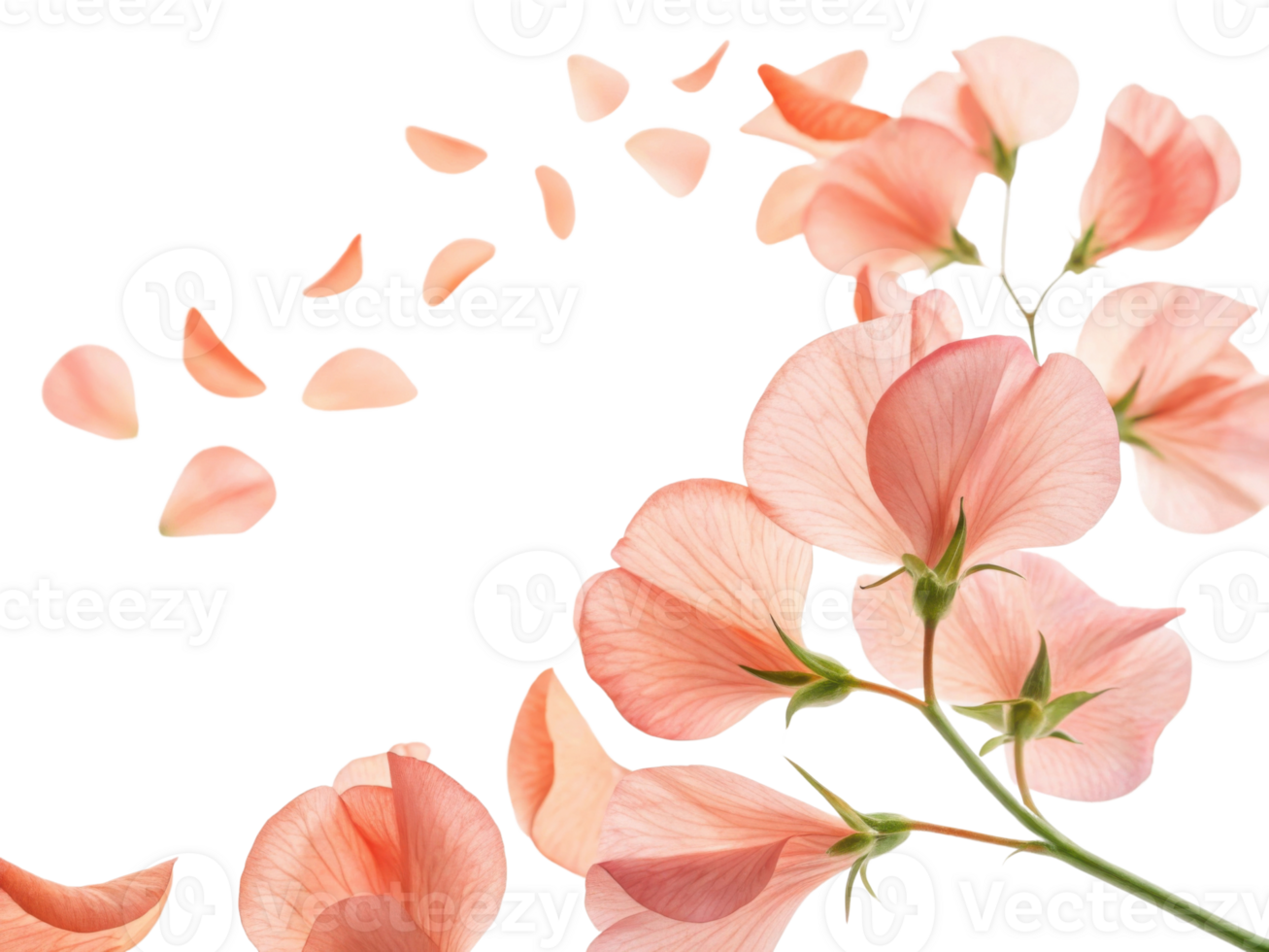 Sweet pea flowers bloom beautifully, their delicate petals drifting gracefully in air, creating serene and enchanting atmosphere png