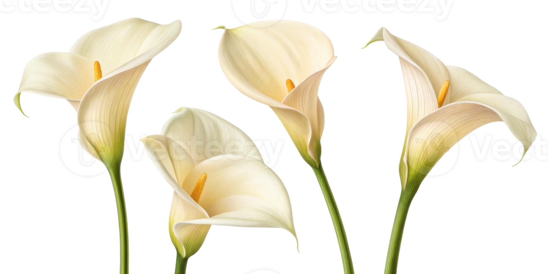 Elegant calla lilies bloom gracefully, showcasing their delicate petals and vibrant yellow centers, perfect for any floral arrangement png