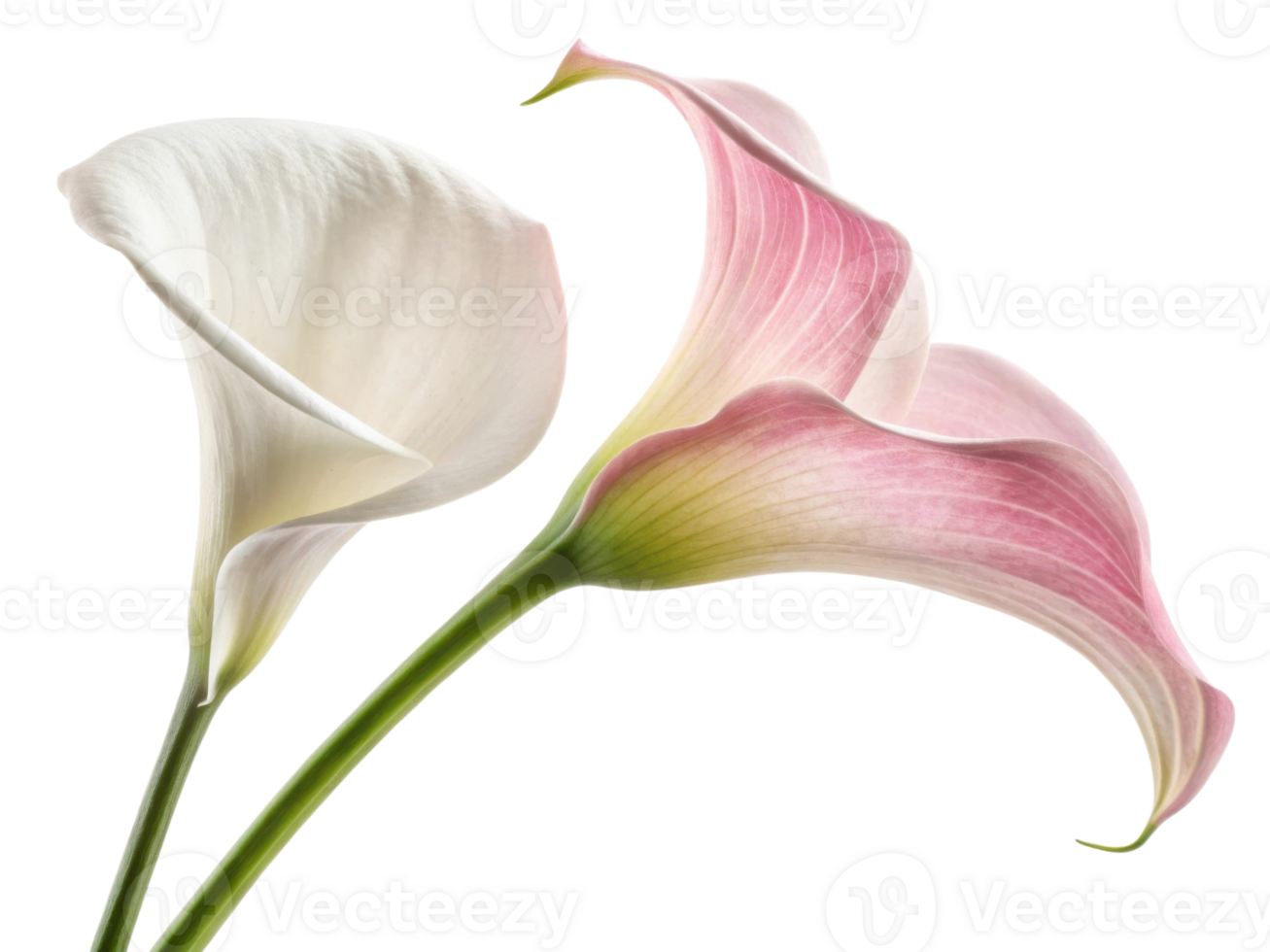 Delicate calla lily flowers in soft white and pink hues create serene and elegant display, perfect for any floral arrangement png