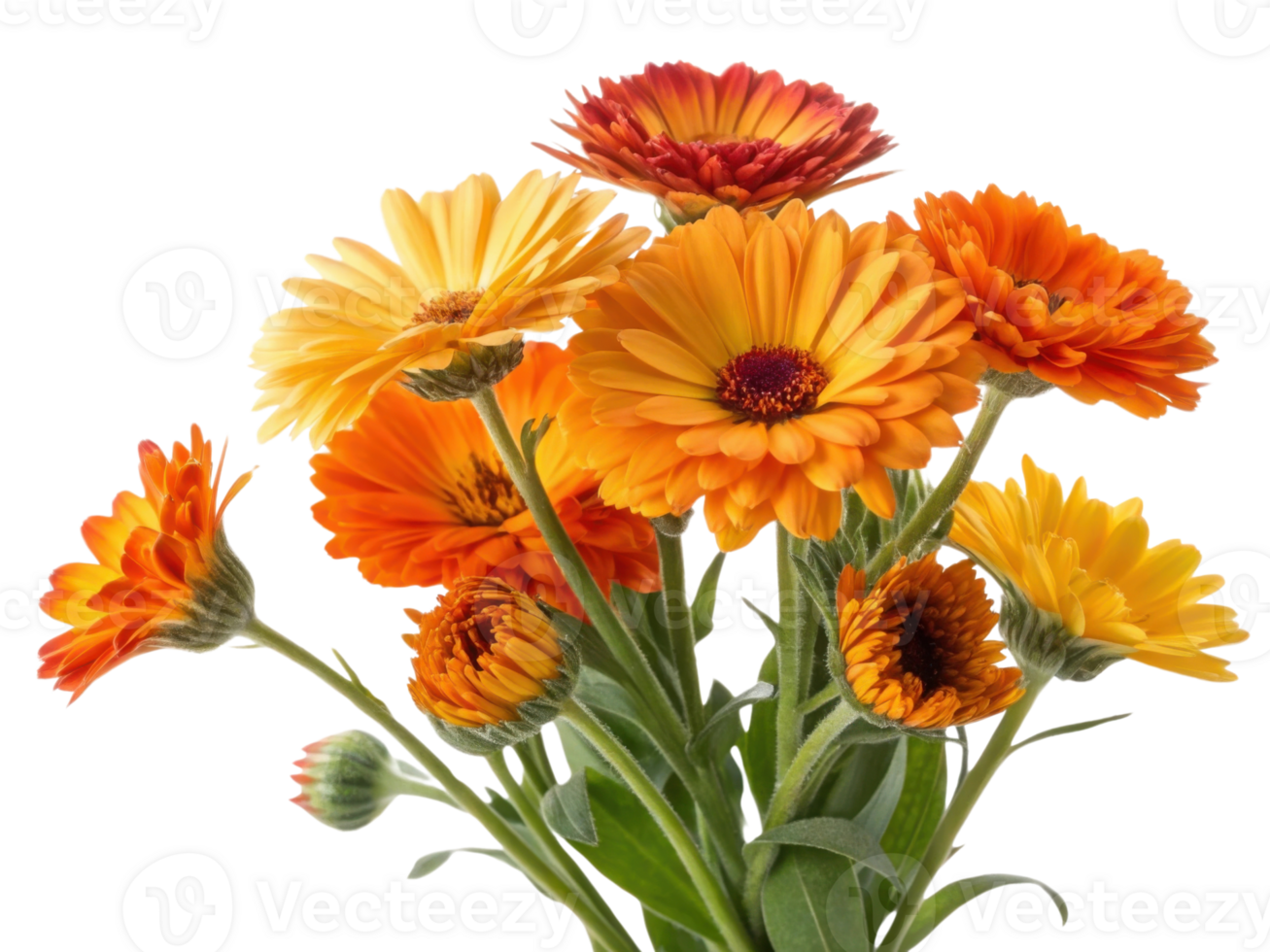 Bright and vibrant calendula flowers in shades of orange and yellow create stunning bouquet that brings joy and warmth to any setting png