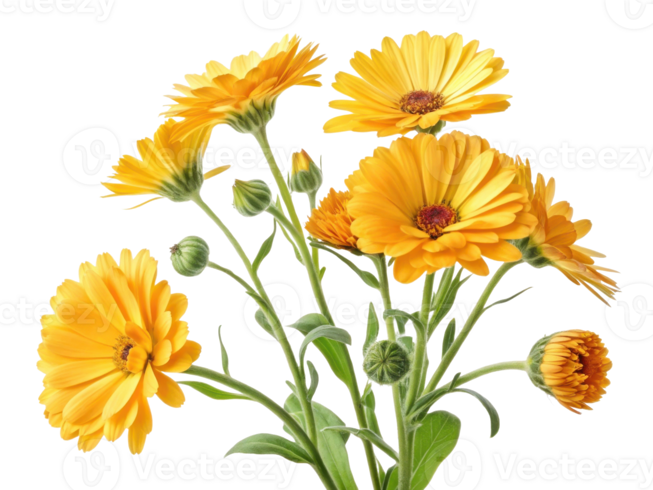 Bright calendula flowers bloom vibrantly in bouquet showcasing their cheerful yellow petals and lush green stems png