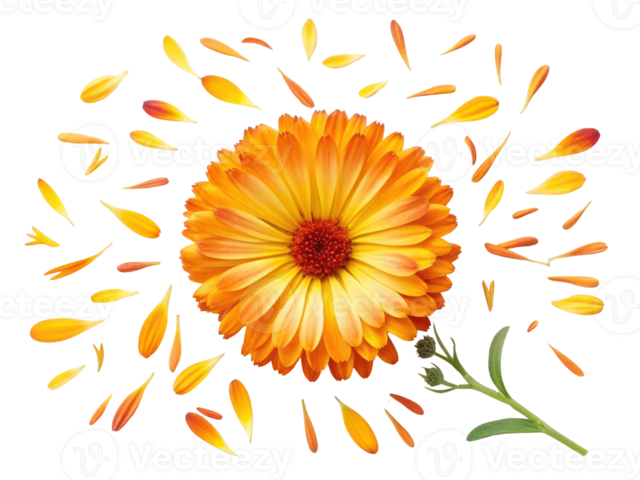 Vibrant calendula flower with bright orange petals surrounded by scattered petals creates joyful and lively atmosphere png