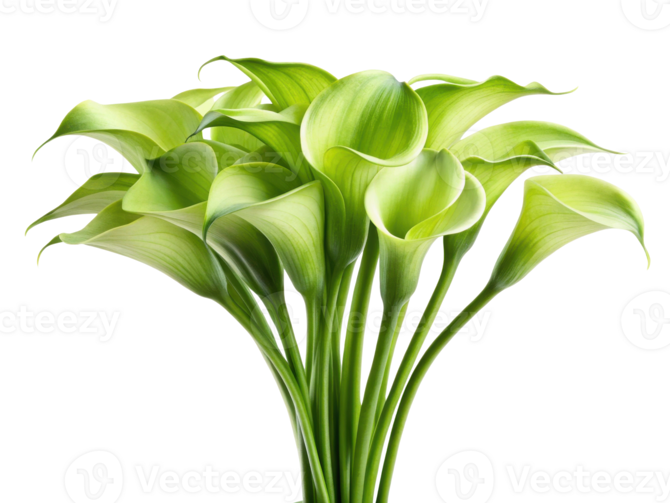 Stunning arrangement of calla lilies showcases their elegant curves and vibrant green hues, perfect for adding touch of nature beauty png