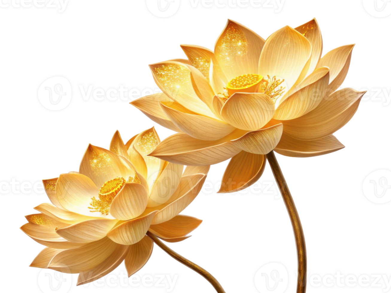 Golden lotus flowers bloom gracefully, symbolizing purity and beauty in nature embrace. Their delicate petals radiate warmth and serenity png