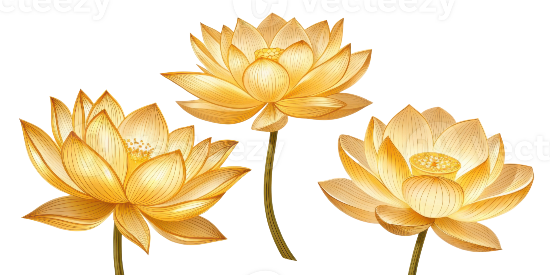 Golden lotus flowers bloom gracefully, symbolizing purity and beauty in nature design. Their delicate petals radiate warmth and tranquility png