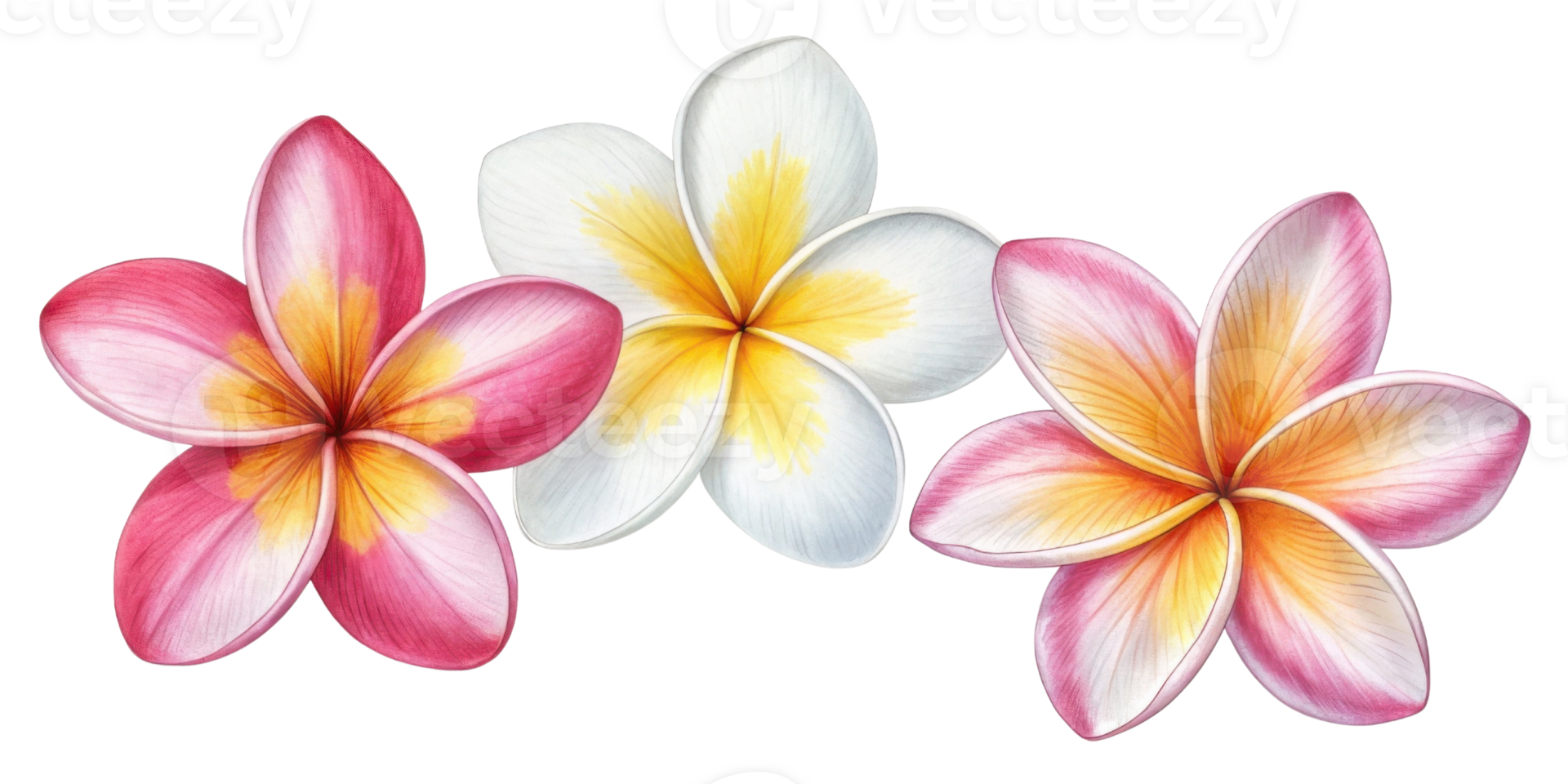 Beautiful plumeria flowers in vibrant colors showcase their delicate petals and stunning patterns, creating serene and joyful atmosphere png