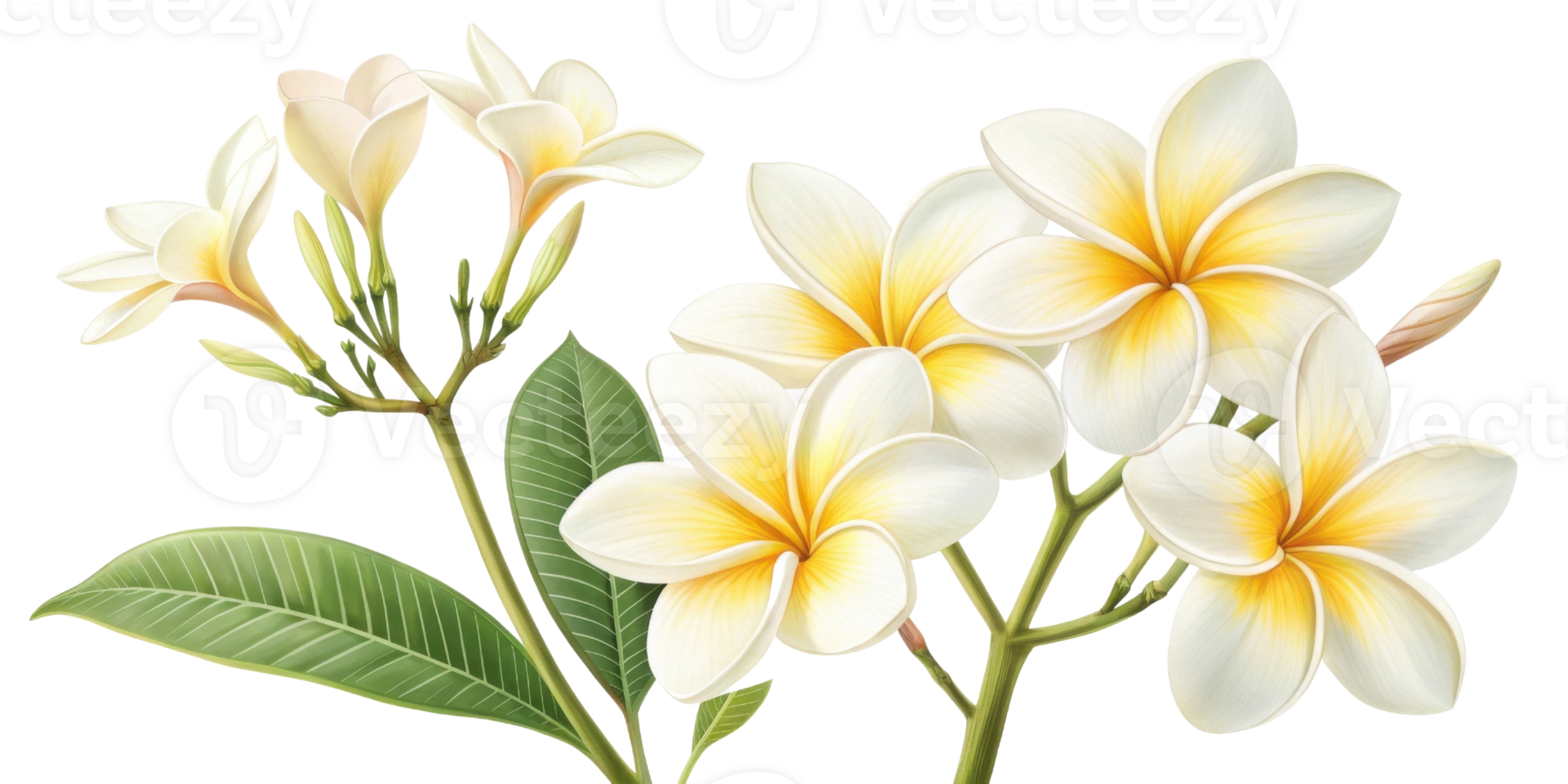 Plumeria flowers bloom beautifully with delicate petals and vibrant colors, creating serene and joyful atmosphere png