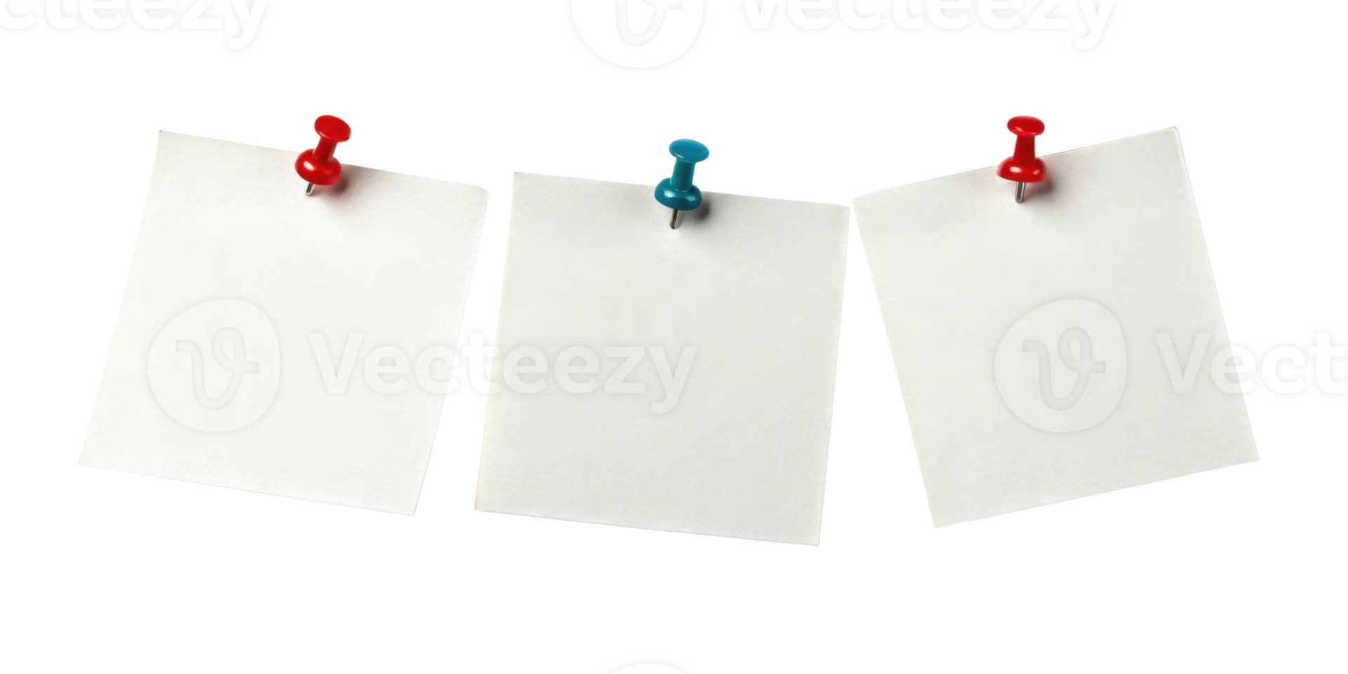 Three blank sticky notes pinned with colorful pushpins create vibrant display for reminders and ideas png