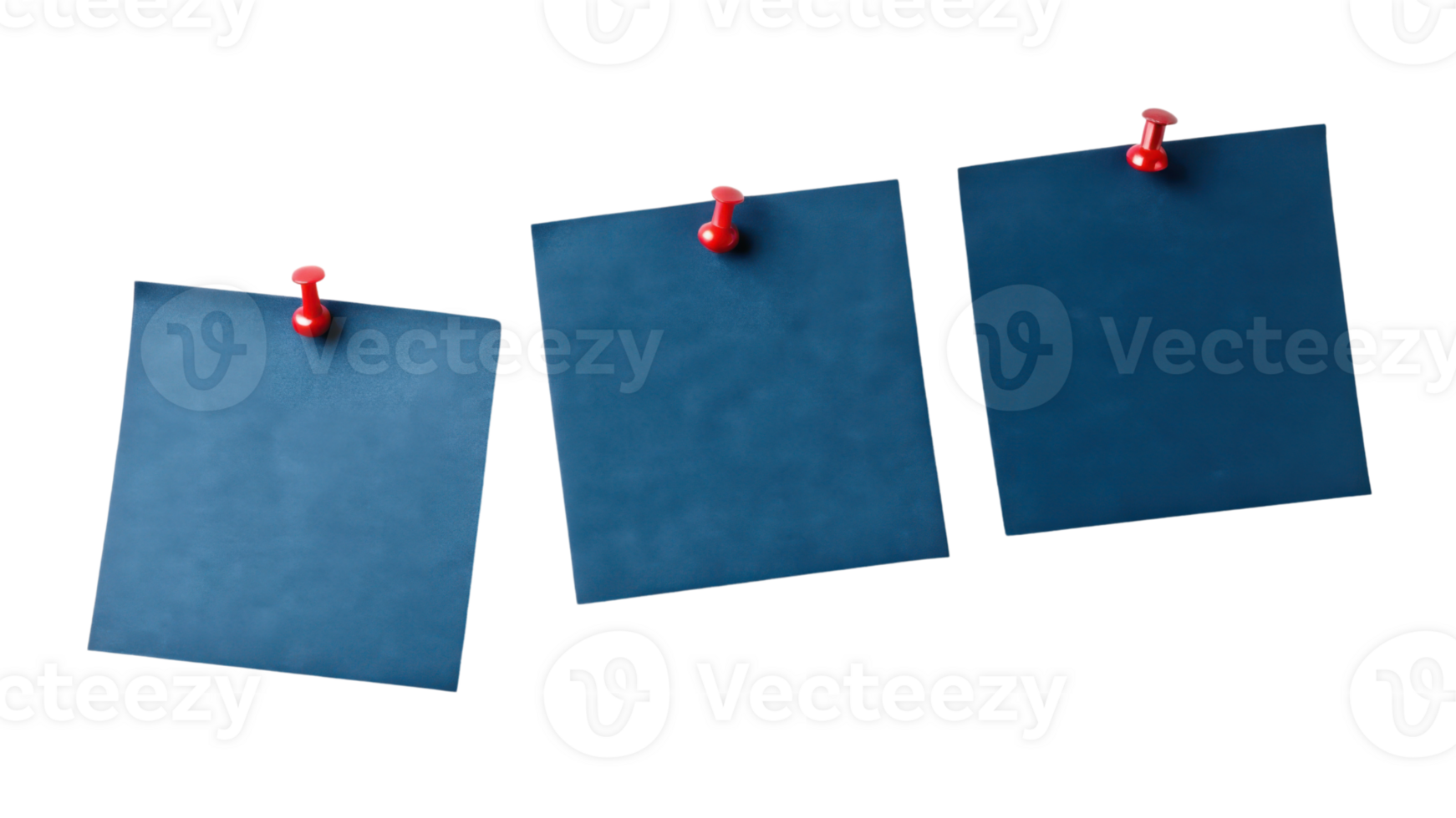 Three blue sticky notes pinned to surface create organized and vibrant display perfect for reminders and ideas png