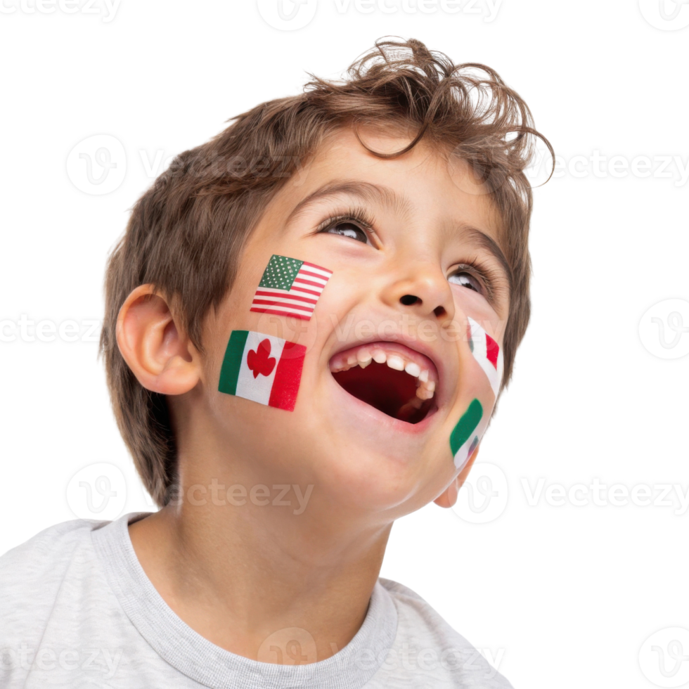 Joyful child with face paint representing flags of different countries celebrates spirit of unity and sportsmanship during 2026 world cup png