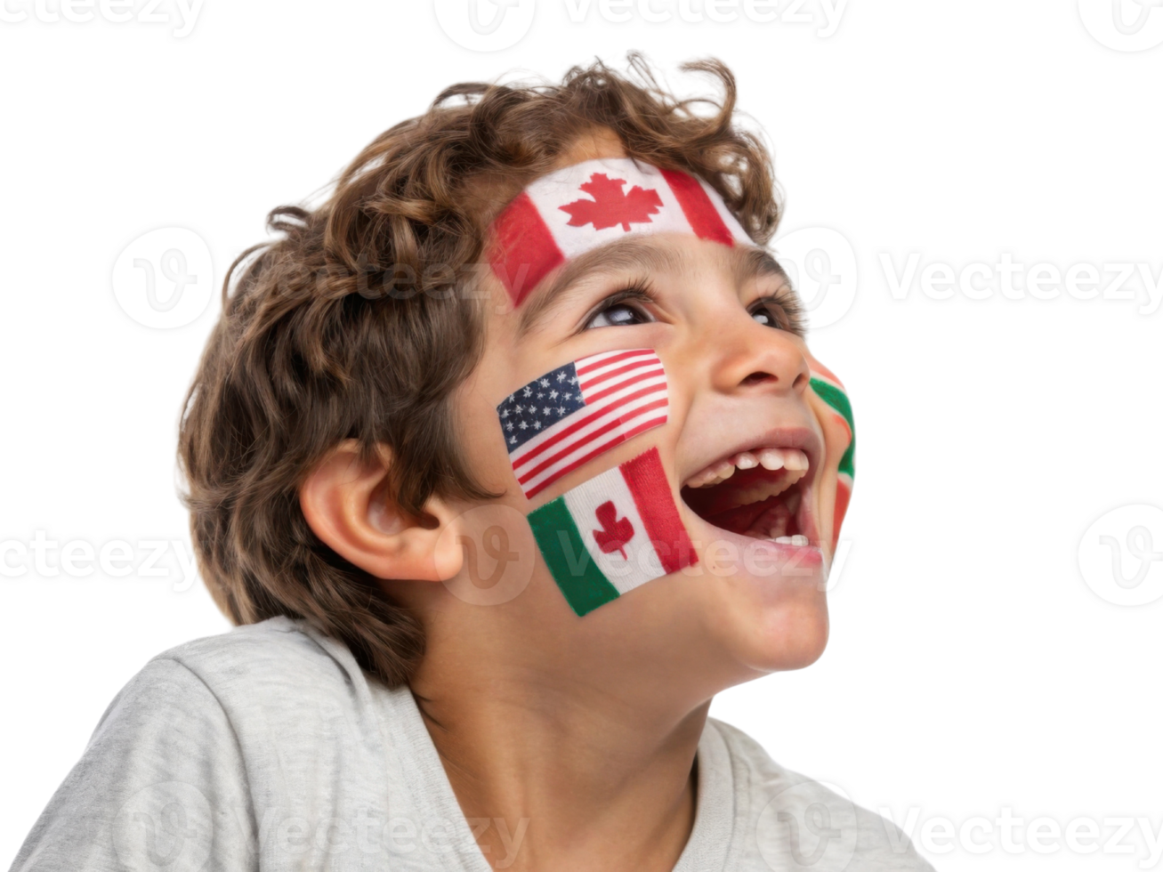 Joyful child with face paint representing flags of Canada, USA, and Mexico celebrates 2026 World Cup with excitement and pride png