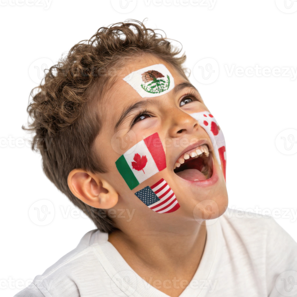 Joyful child with face paint representing various countries, celebrating unity and diversity in 2026 World Cup png