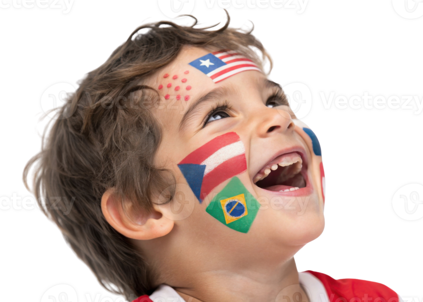 Cheerful child with face paint representing various flags, celebrating excitement of 2026 World Cup png