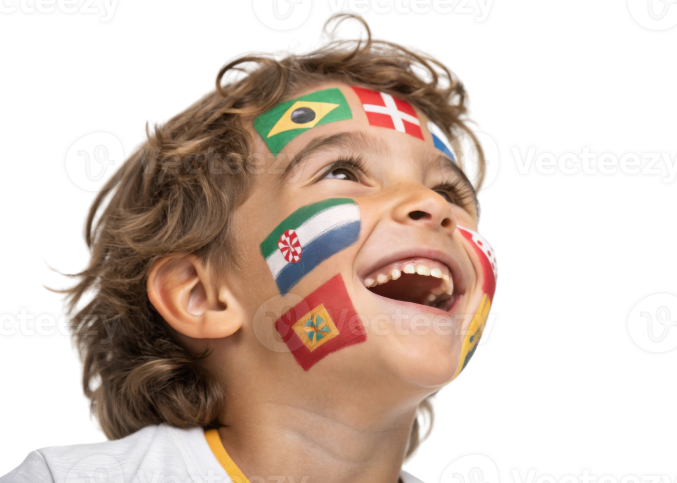 Joyful child with painted flags on face celebrates 2026 World Cup, embodying spirit of unity and excitement in sports png