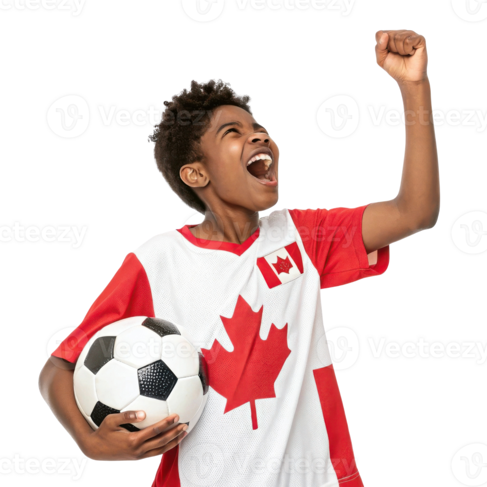 Excited young athlete celebrates with soccer ball, showcasing pride for Canada as they cheer for 2026 World Cup png