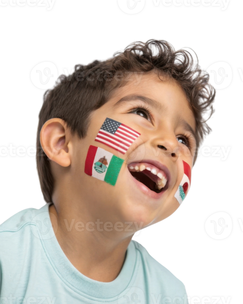 Joyful child with painted flags on their face representing United States, Mexico, and Japan, celebrating cultural diversity and unity png