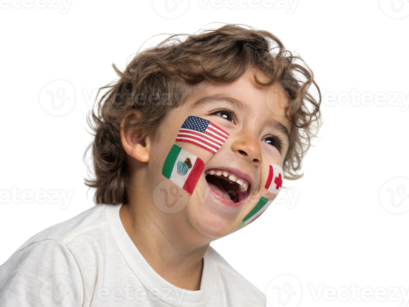 Joyful child with curly hair displays flags on their face representing different countries, celebrating unity and diversity in 2026 world cup png