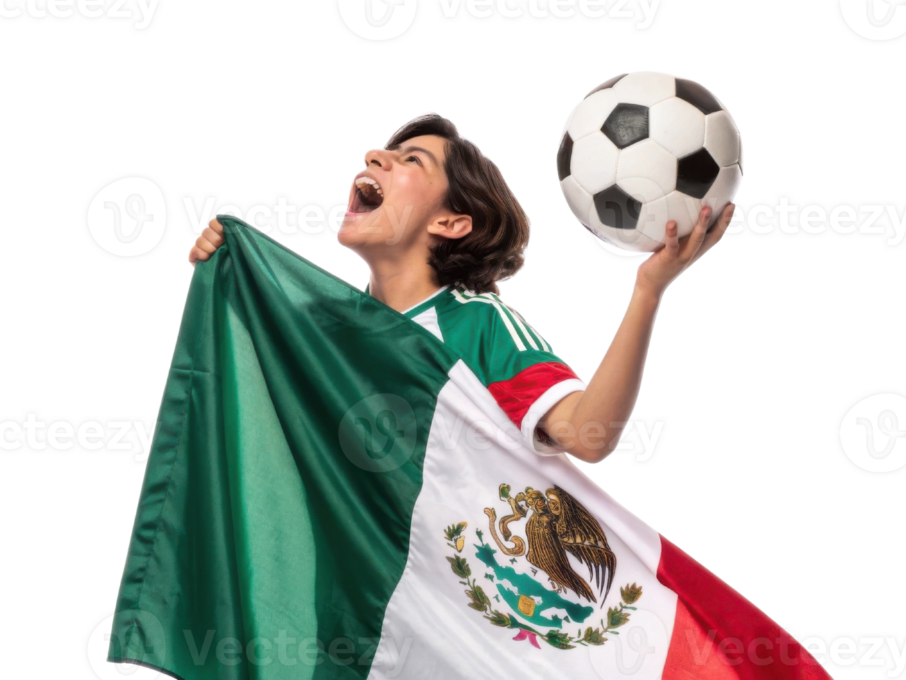 Cheering for 2026 World Cup, young soccer fan proudly waves flag while holding ball, expressing excitement and passion for game png